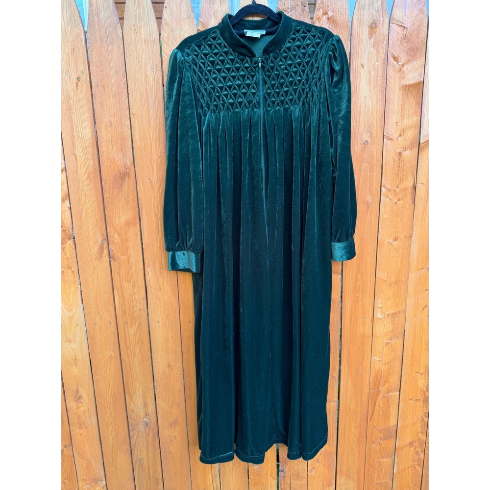 National Vintage Velvet Smocked Kaftan Robe Forest Green Medium House Dress